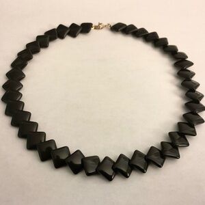 VTG Trifari Black Bead Necklace, Layered Square Scales, Signed 16”